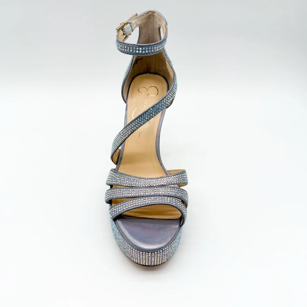 Jessica Simpson Shyremin Rhinestone Platform Stiletto Sandals Silver Glam 8 NEW